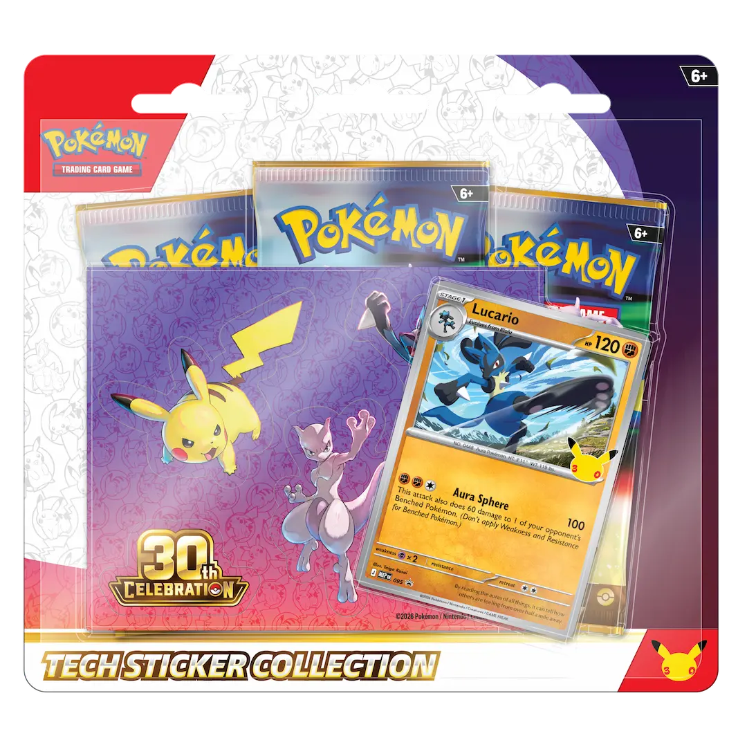 The Pokémon Company’s Pokémon TCG: 30th Celebration Tech Sticker Collection includes three card packs, Pikachu and Mew stickers, an Alolan Exeggutor card, and packaging with a 30th Celebration badge.