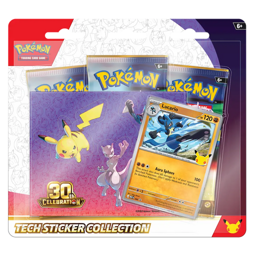 The Pokémon TCG: 30th Celebration Tech Sticker Collection by The Pokémon Company includes a Lucario card, three booster packs, and a Pikachu & Mewtwo folder. The package features the Pokémon logo and marks the 30th anniversary.