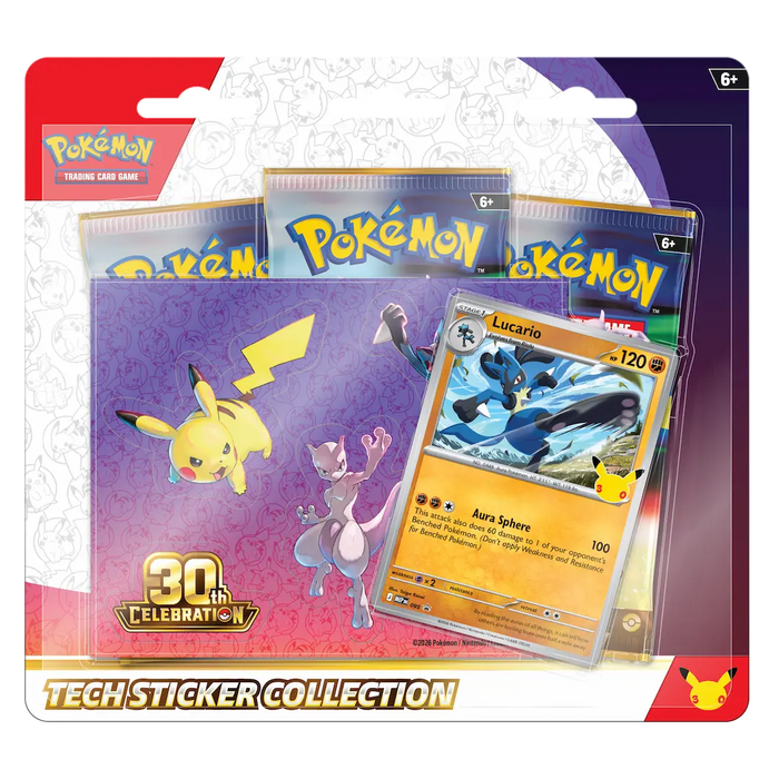 The Pokémon TCG: 30th Celebration Tech Sticker Collection by The Pokémon Company includes a Lucario card, three booster packs, and a Pikachu & Mewtwo folder. The package features the Pokémon logo and marks the 30th anniversary.