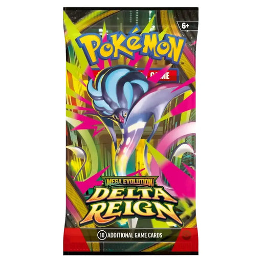 A Pokémon TCG: Delta Reign Booster Pack by The Pokémon Company, showcasing a vibrant and dynamic design with a prominent Mega Evolution Pokémon on the front and the “Delta Reign” title at the bottom. Recommended for ages 6 and up.