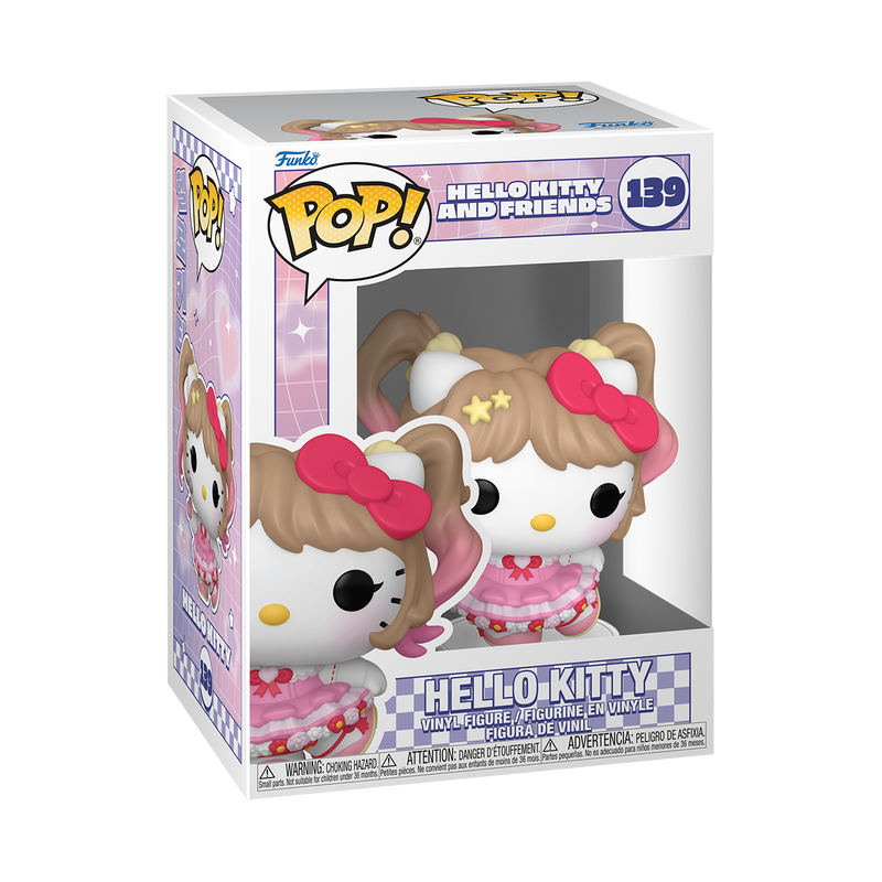 Funko POP! Sanrio: Hello Kitty K-Pop Outfit #139 features Hello Kitty in a pink frilly idol costume with pigtails, a headset, and her signature large red bow, striking a dynamic stage performance pose.