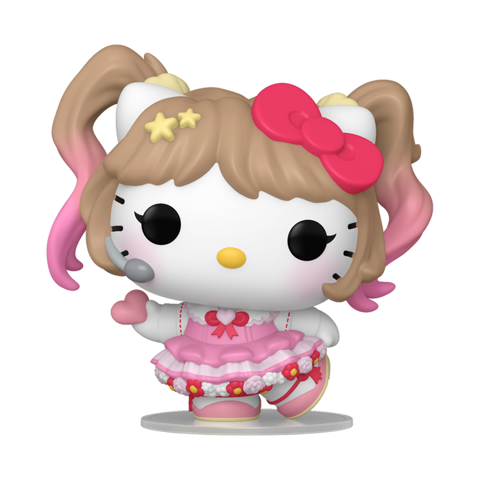 Funko POP! Sanrio: Hello Kitty K-Pop Outfit #139 features Hello Kitty in a pink frilly idol costume with pigtails, a headset, and her signature large red bow, striking a dynamic stage performance pose.
