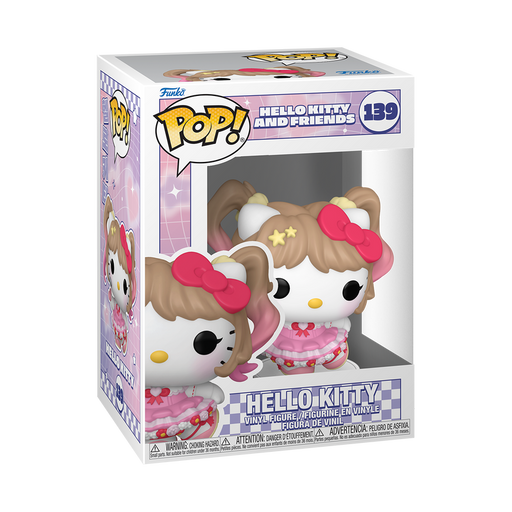 Funko POP! Sanrio: Hello Kitty K-Pop Outfit #139 by Funko, comes in a display box. Hello Kitty is dressed in a pink and white K-pop-inspired outfit with a bow and star accent in her hair. The packaging features pastel colors and includes a window to showcase the vinyl figure.