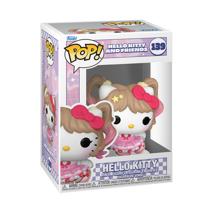 Funko POP! Sanrio: Hello Kitty K-Pop Outfit #139 by Funko, comes in a display box. Hello Kitty is dressed in a pink and white K-pop-inspired outfit with a bow and star accent in her hair. The packaging features pastel colors and includes a window to showcase the vinyl figure.