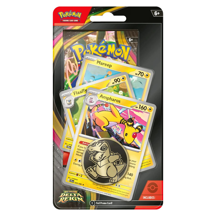The Pokémon TCG: Delta Reign - Ampharos Premium Checklane Blister by The Pokémon Company includes trading cards featuring the Mareep, Flaaffy, and Ampharos evolution line, along with a Charmander-themed metallic coin. Packaged in plastic and suitable for ages 6 and up, this blister pack is an ideal choice for collectors and fans.