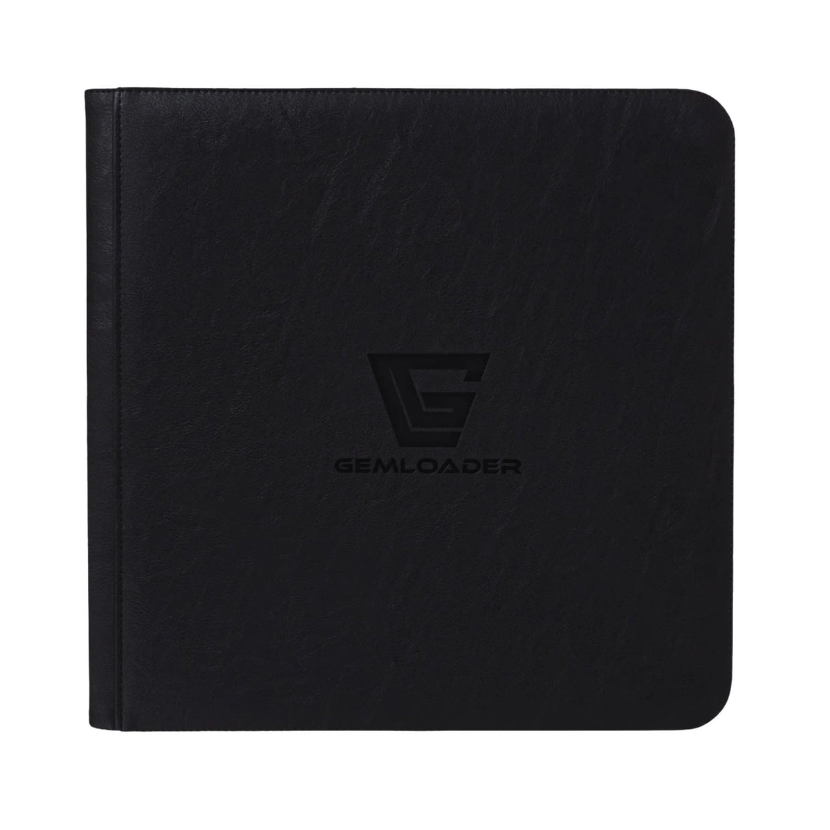 The Gemloader: Premium Semi-Rigid Samlemappe [168 pockets 2X3] is a black, square collector’s album with rounded edges, smooth leather-like texture, embossed GEMLOADER logo, and stylized G—ideal for grading kort or Semi-Rigid sleeves.