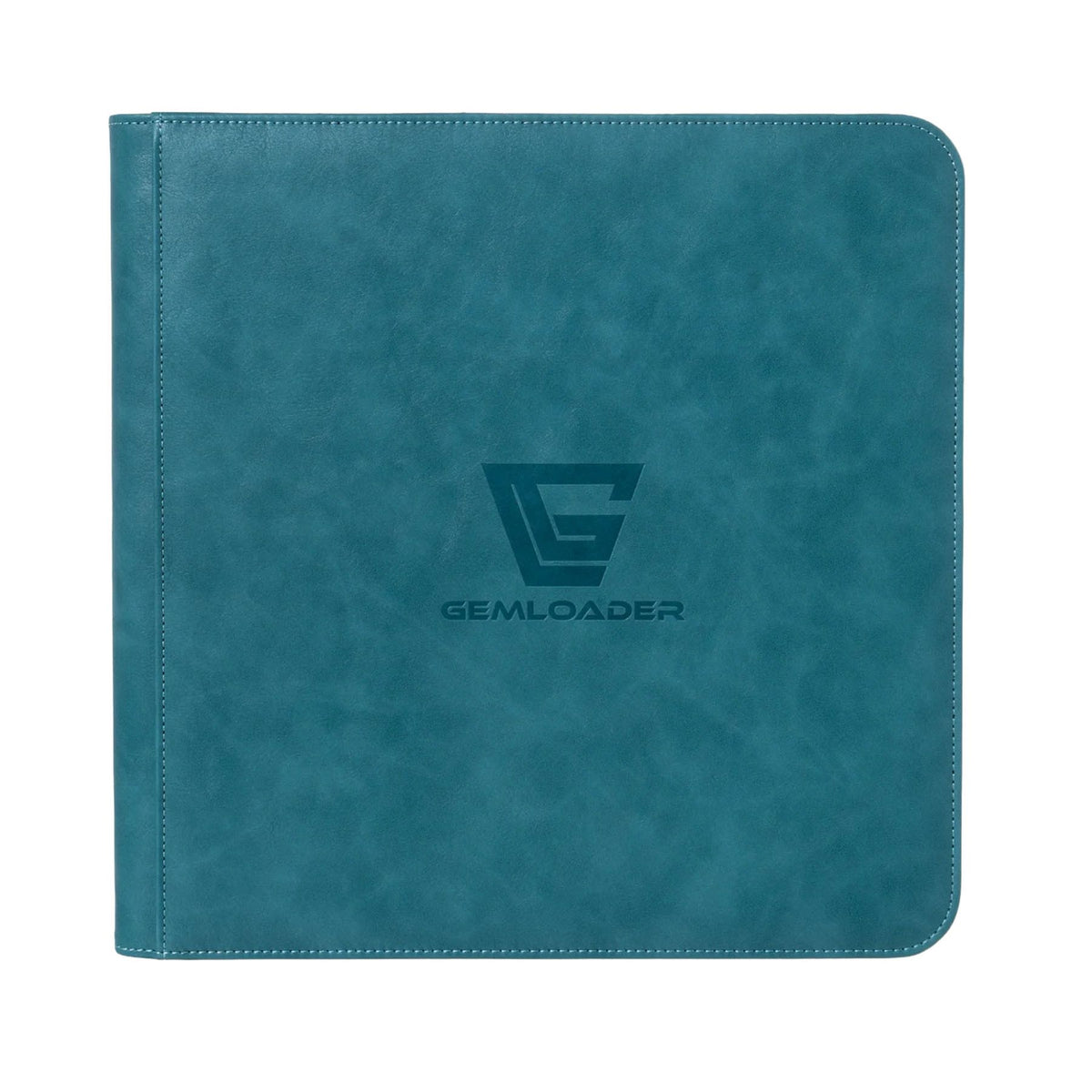 The Gemloader: Premium Semi-Rigid Samlemappe by Gemloader features a teal cover with stitched edges and a black center logo, offering 168 pockets (2x3) for securely storing grading kort or Semi-Rigid sleeves.