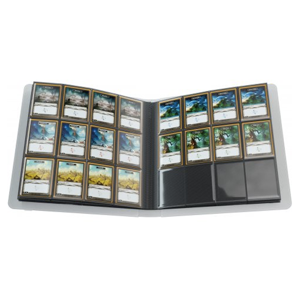 Two closed Gamegenic Prime Album 24-Pocket binders, one black and one white, are shown. Both have a subtle texture with the Gamegenic logo embossed; the black binder is in front of and overlapping the white binder.