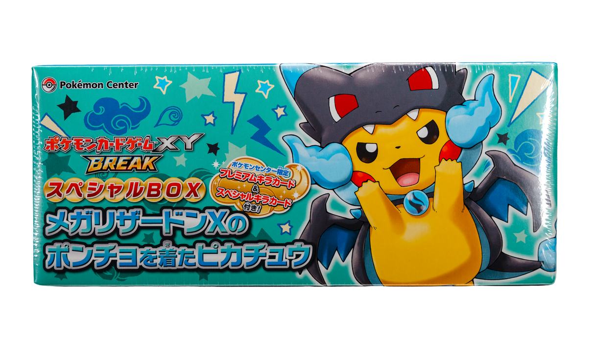 Experience the vibrant Pokémon TCG: Special Box: Poncho Pikachu Mega Charizard X - Japansk from The Pokémon Company. This eye-catching box showcases Pikachu wearing a blue Mega Charizard X hoodie, inspired by the beloved Poncho Pikachu character, and features bold Japanese text and symbols. With a teal background adorned with stars, lightning bolts, and the iconic Pokémon Center logo in the top left corner, this exclusive Special Box is an ideal choice for fans of japanske Pokémon kort and collectors alike.