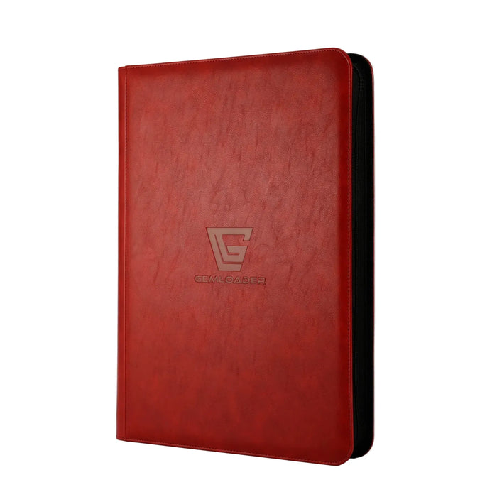 The Gemloader: Premium Samlekortmappe [1024 pockets 4X4] stands upright with a red leather finish, embossed Gemloader logo, and offers ideal TCG/CCG storage with 1024 pockets against a white background.