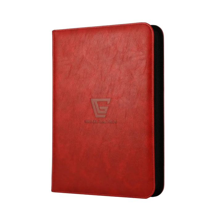 The Gemloader: Premium Samlekortmappe [360 pockets 3X3] is a closed, upright red leather portfolio with an embossed logo on the front, perfect for storing samlekort, shown against a plain white background.