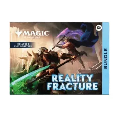Wizards of the Coast Magic: The Gathering – Reality Fracture Bundle box showcases two armored warriors in combat, one draped in purple, and includes 9 Play Boosters. Suitable for ages 13 and up.