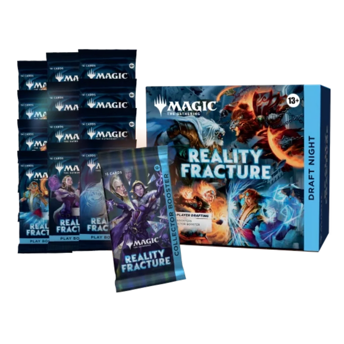 A Wizards of the Coast Magic: The Gathering – Reality Fracture Draft Night kit, featuring twelve booster packs and one collector booster pack, adorned with fantasy artwork and striking blue accents.