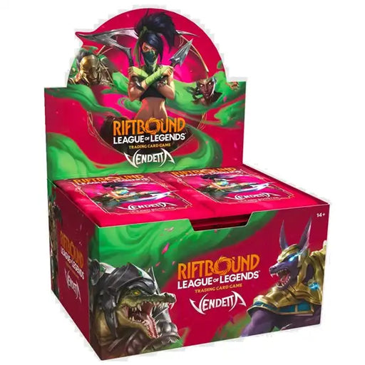 A Riftbound: League of Legends TCG - Vendetta Booster Box (Set 04) by Riot Games Inc., featuring vibrant character artwork and a striking red and green design.