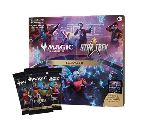 The Magic: The Gathering - Star Trek Enterprise-Q Scene Box by Wizards of the Coast features iconic Star Trek characters on the box and includes three card packs from the Universes Beyond Star Trek series displayed in front.