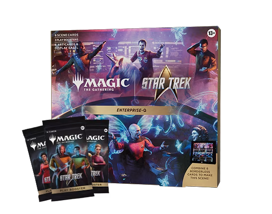 The Magic: The Gathering - Star Trek Enterprise-Q Scene Box by Wizards of the Coast features iconic Star Trek characters on the box and includes three card packs from the Universes Beyond Star Trek series displayed in front.
