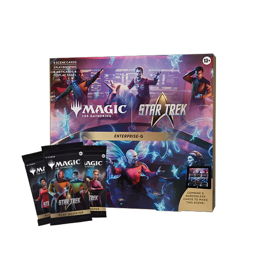 The Magic: The Gathering - Star Trek Enterprise-Q Scene Box by Wizards of the Coast features iconic Star Trek characters on the box and includes three card packs from the Universes Beyond Star Trek series displayed in front.