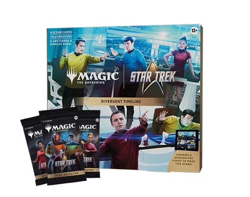 A Magic: The Gathering - Star Trek Divergent Timeline Scene Box from Wizards of the Coast is displayed, showcasing iconic characters on the packaging with two Star Trek Play Boosters positioned in front.