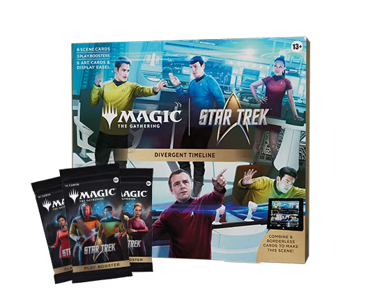 A Magic: The Gathering - Star Trek Divergent Timeline Scene Box from Wizards of the Coast is displayed, showcasing iconic characters on the packaging with two Star Trek Play Boosters positioned in front.