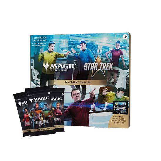 A Magic: The Gathering - Star Trek Divergent Timeline Scene Box from Wizards of the Coast is displayed, showcasing iconic characters on the packaging with two Star Trek Play Boosters positioned in front.
