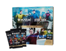 A Magic: The Gathering - Star Trek Divergent Timeline Scene Box from Wizards of the Coast is displayed, showcasing iconic characters on the packaging with two Star Trek Play Boosters positioned in front.