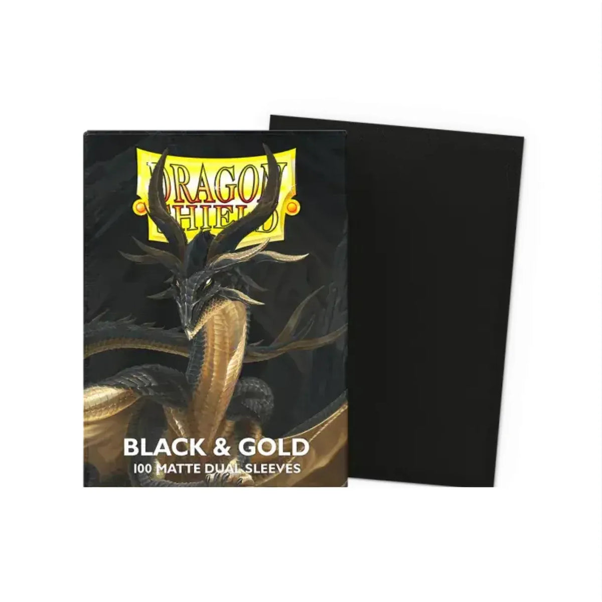 Dragon Shield: Matte Dual Sleeves - 100 stk. box featuring a black dragon with gold accents, displayed next to a single solid black sleeve.