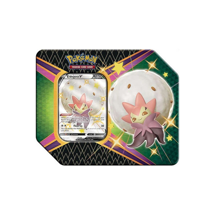 The Pokémon TCG: Shining Fates Collectors V Tin from The Pokémon Company features an Eldegoss V card with exclusive Eldegoss artwork, sparkling accents, and a green, purple, and gold geometric background design inspired by Shining Fates.
