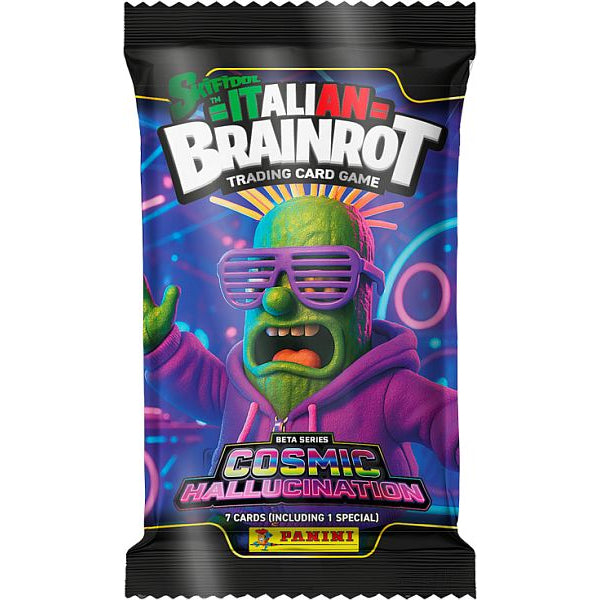 Two vibrant Skifidol Italian Brainrot TCG: Beta Series Cosmic Hallucination Booster Packs by Panini feature wild cartoon monsters—one green with sunglasses, one brown with bulging eyes—plus the text "Cosmic Hallucination.