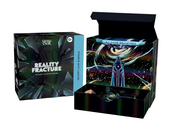 A partly open Magic: The Gathering – Reality Fracture Secret Lair Bundle box by Wizards of the Coast reveals a cosmic-themed interior, adorned with vibrant swirling patterns and a futuristic figure gazing into a swirling vortex—an irresistible treasure for MTG fans and collectors in search of exclusive collector boosters from the remarkable Reality Fracture Secret Lair Bundle.