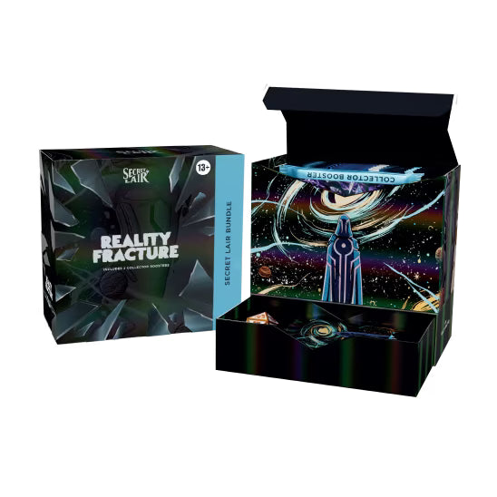 A partly open Magic: The Gathering – Reality Fracture Secret Lair Bundle box by Wizards of the Coast reveals a cosmic-themed interior, adorned with vibrant swirling patterns and a futuristic figure gazing into a swirling vortex—an irresistible treasure for MTG fans and collectors in search of exclusive collector boosters from the remarkable Reality Fracture Secret Lair Bundle.