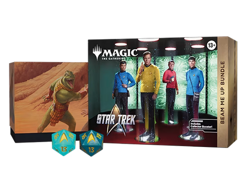 The Magic: The Gathering – Star Trek Beam Me Up Bundle from Wizards of the Coast is a Universes Beyond box set for ages 13 and up, featuring dice, card packs, and artwork depicting Star Trek characters and an alien creature.