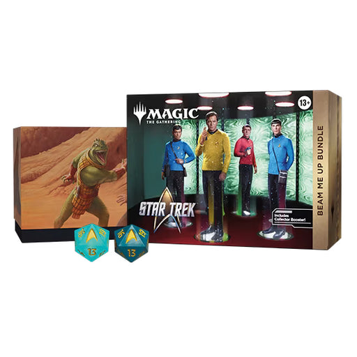 The Magic: The Gathering – Star Trek Beam Me Up Bundle from Wizards of the Coast is a Universes Beyond box set for ages 13 and up, featuring dice, card packs, and artwork depicting Star Trek characters and an alien creature.