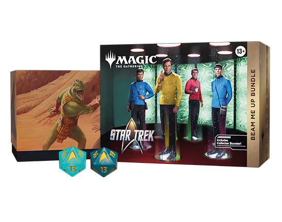 The Magic: The Gathering – Star Trek Beam Me Up Bundle from Wizards of the Coast is a Universes Beyond box set for ages 13 and up, featuring dice, card packs, and artwork depicting Star Trek characters and an alien creature.