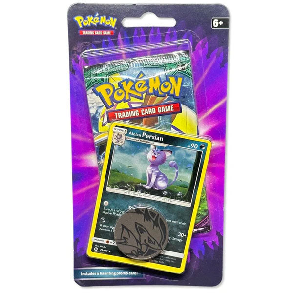 The Pokémon TCG: Special Haunted Edition 1-Pack Blister Crobat/Alolan Persian (Sun & Moon) by The Pokémon Company includes a Crobat promo card, themed metal coin, booster pack, and is rated 6+, displayed on a purple background.