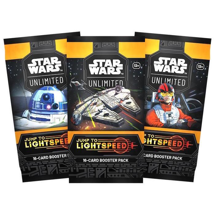 Three Asmodee Star Wars: Jump to Lightspeed Booster Packs—each containing 16 cards—are displayed, showcasing vibrant illustrations of R2-D2, the Millennium Falcon, and a Rebel pilot, with “Jump to Lightspeed” prominently highlighted in bold yellow text.