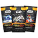 Three Asmodee Star Wars: Jump to Lightspeed Booster Packs—each containing 16 cards—are displayed, showcasing vibrant illustrations of R2-D2, the Millennium Falcon, and a Rebel pilot, with “Jump to Lightspeed” prominently highlighted in bold yellow text.