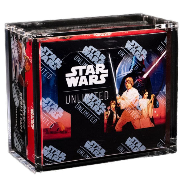 Black box packaging for The Acrylic Box: Star Wars Unlimited Booster Box Akryl Case by The Acrylic Box, displaying a clear akryl case designed specifically for Star Wars Unlimited booster boxes. The packaging features white text, orange and blue accents, as well as detailed product compatibility information.