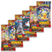 Six packs from the Pokémon TCG: Surging Sparks Booster Bundle by The Pokémon Company are fanned out, each featuring vibrant artwork of different Pokémon on the packaging.