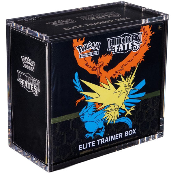 Black box packaging for The Acrylic Box: Pokémon Elite Trainer Box by The Pokémon Company, featuring a clear acrylic outline and detailed product information. This ETB display box is designed to showcase and protect your collectible boxes—an ideal Akryl case Pokémon solution for any Elite Trainer Box collection.