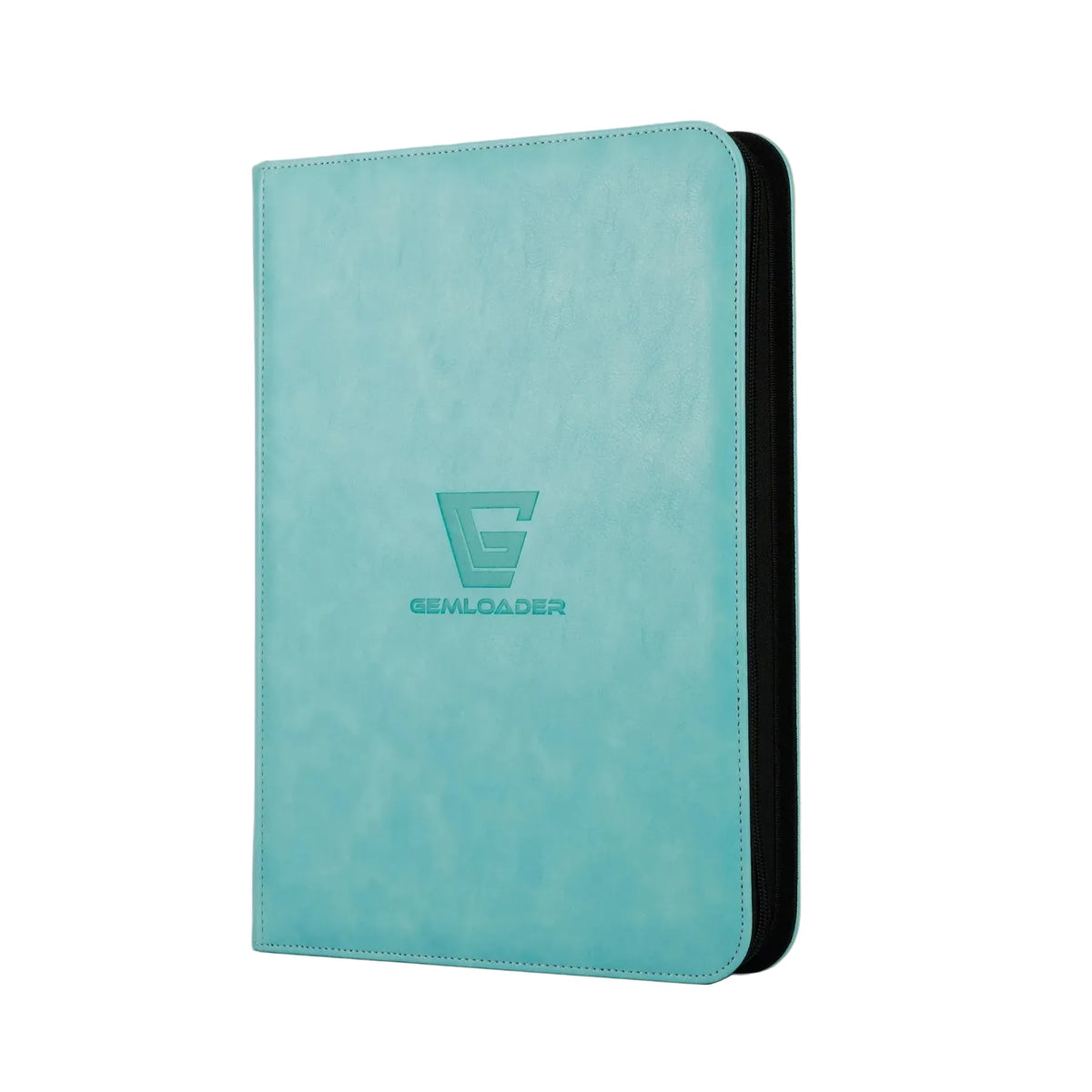 The Gemloader: Premium Samlekortmappe [360 pockets 3X3] in turquoise, featuring a subtle embossed “GEMLOADER” logo, stands upright against a plain white background—perfect for storing samlekort.