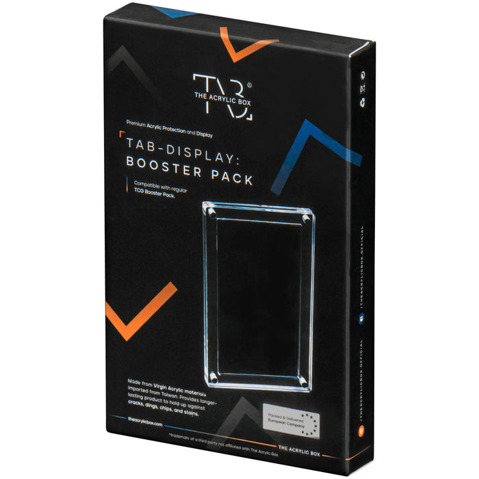 A black rectangular box labeled The Acrylic Box: Booster Pack Akryl Case showcases a clear acrylic case with UV-beskyttelse in the center, highlighted by multicolored chevrons and distinctive The Acrylic Box branding.