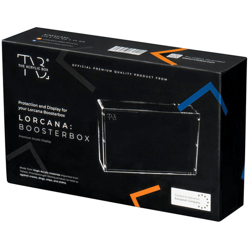 A rectangular black box labeled “The Acrylic Box: Disney Lorcana Booster Box Akryl Case” by Ravensburger, featuring a transparent acrylic case display image and geometric colored lines on the packaging—perfect for showcasing your Disney Lorcana booster box in style.