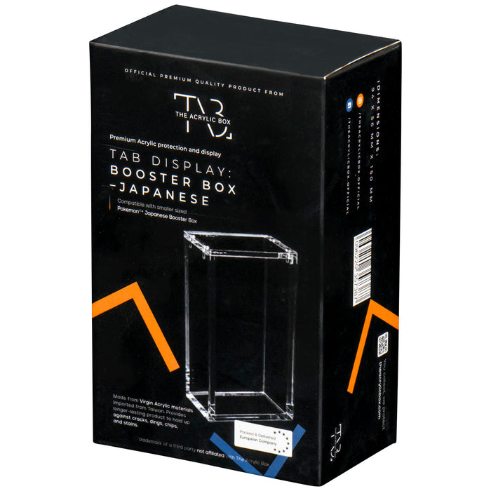 Black box packaging for The Acrylic Box: Pokémon Booster Box (Japansk) by The Pokémon Company, featuring an acrylic case designed for Japanese Pokémon booster boxes and enhanced with orange and white design accents. The packaging text highlights premium acrylic protection and compatibility, making it the ideal choice for collectors seeking a stylish and secure solution to display or store their Japanese Pokémon booster box.