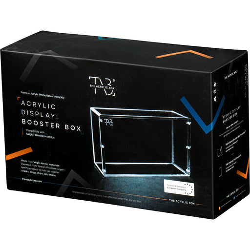 Black packaging for The Acrylic Box: Magic the Gathering Sized Booster Display Akryl Case by Wizards of the Coast, featuring a clear box illustration. Text highlights its function as a booster box opbevaring solution—ideal for displaying Magic: The Gathering boosters—and notes its premium virgin acrylic construction with an elegant akryl case design.