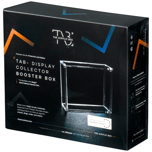 Matte black rectangular packaging for The Acrylic Box: Magic: The Gathering Collector Box Akryl Case by Wizards of the Coast. The box showcases an image of the clear akryl case, prominent branding, and text highlighting its premium akryl beskyttelse and collector box compatibility.