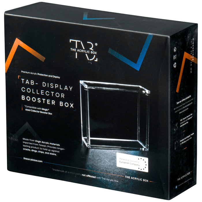 Matte black rectangular packaging for The Acrylic Box: Magic: The Gathering Collector Box Akryl Case by Wizards of the Coast. The box showcases an image of the clear akryl case, prominent branding, and text highlighting its premium akryl beskyttelse and collector box compatibility.