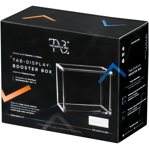 A black box labeled “The Acrylic Box: One Piece Booster Box Akryl Case” from The Acrylic Box, featuring an image of a transparent acrylic case and colorful accents on the packaging—perfect for protecting or stylishly displaying your favorite One Piece booster box.