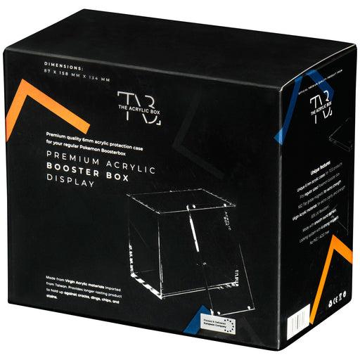 The Acrylic Box: Pokémon Booster Box by The Pokémon Company is a black rectangular box featuring a line drawing of a clear display case and the dimensions 87 x 158 x 134 mm. Labeled as a premium booster box beskyttelse, this durable acrylic display provides usage instructions and keeps your collection dust-free and securely showcased—ideal for collectors seeking reliable protection for their Pokémon booster boxes.