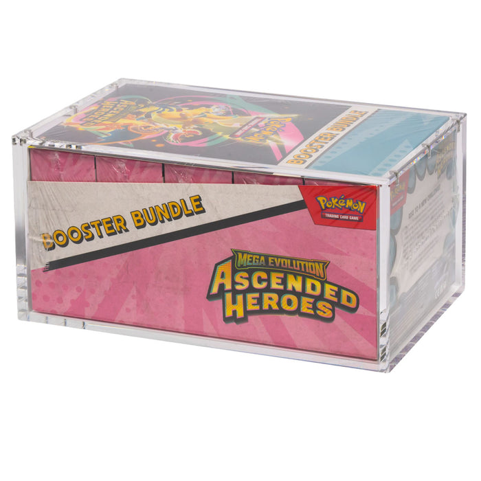 A sealed The Pokémon Company Mega Evolution Ascended Heroes Booster Bundle box displayed in The Acrylic Box: Pokémon Booster Bundle Display Akryl Case—offering optimal beskyttelse and a striking pink design, making it the perfect collector’s centerpiece and an eye-catching display for any Pokémon enthusiast.