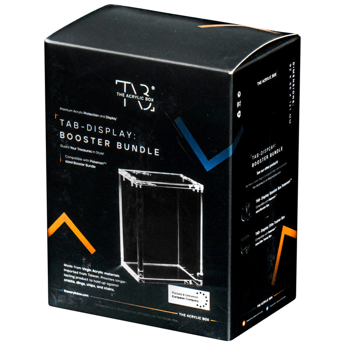 A black box labeled “The Acrylic Box: Pokémon Booster Bundle Akryl Case V.1” from The Pokémon Company, featuring a wireframe image of an acrylic case and white text detailing features, compatibility, and optimal protection for your Pokémon booster bundle.